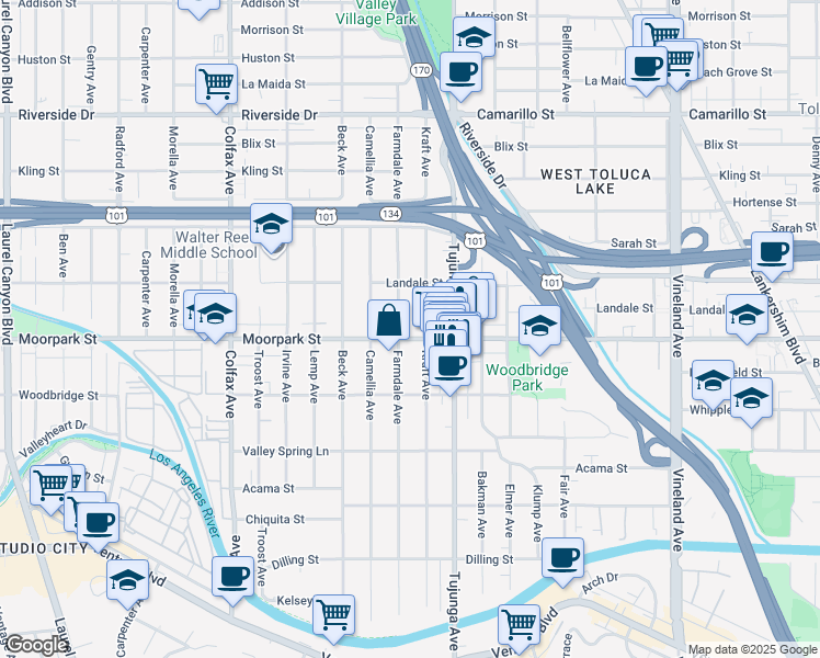 map of restaurants, bars, coffee shops, grocery stores, and more near 11445 Moorpark Street in Los Angeles