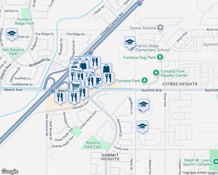 map of restaurants, bars, coffee shops, grocery stores, and more near 15300 Summit Avenue in Fontana