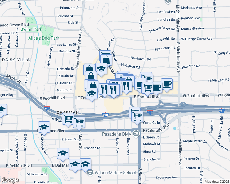 map of restaurants, bars, coffee shops, grocery stores, and more near 3533 East Foothill Boulevard in Pasadena