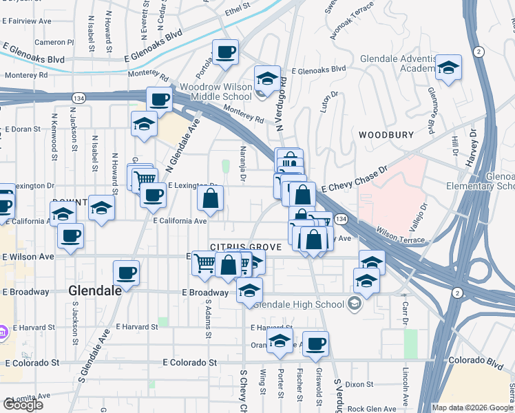 map of restaurants, bars, coffee shops, grocery stores, and more near 320 McHenry Road in Glendale