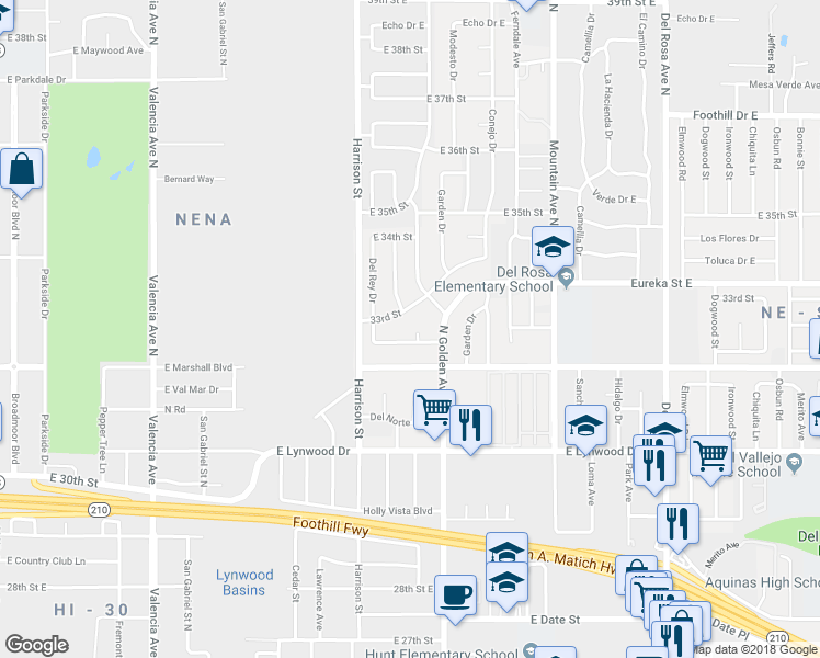 map of restaurants, bars, coffee shops, grocery stores, and more near 3264 Alameda Court in San Bernardino