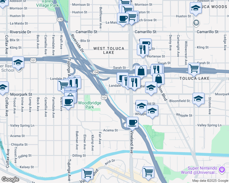 map of restaurants, bars, coffee shops, grocery stores, and more near 11113 Moorpark Street in Los Angeles