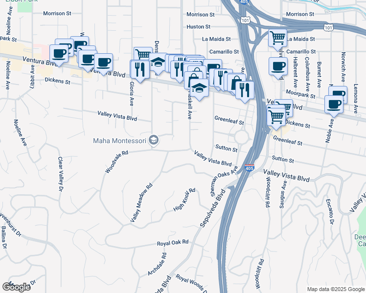map of restaurants, bars, coffee shops, grocery stores, and more near 15613 Woodvale Road in Los Angeles