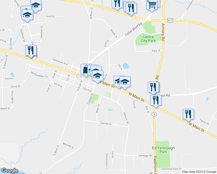 map of restaurants, bars, coffee shops, grocery stores, and more near 420 East Main Street in Centre