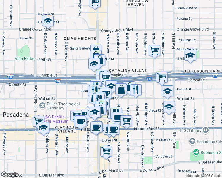 map of restaurants, bars, coffee shops, grocery stores, and more near 955 Locust Street in Pasadena