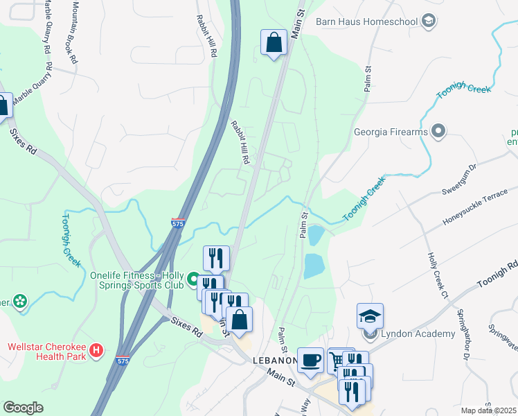 map of restaurants, bars, coffee shops, grocery stores, and more near 4404 Old Highway 5 in Canton