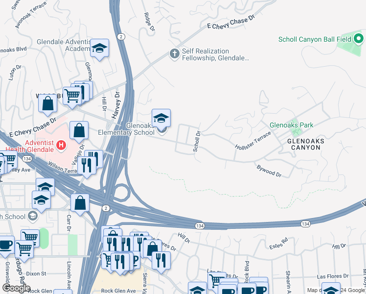 map of restaurants, bars, coffee shops, grocery stores, and more near 2110 East Glenoaks Boulevard in Glendale