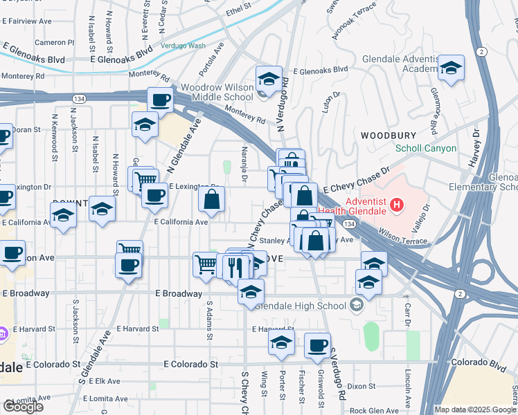 map of restaurants, bars, coffee shops, grocery stores, and more near 320 McHenry Road in Glendale