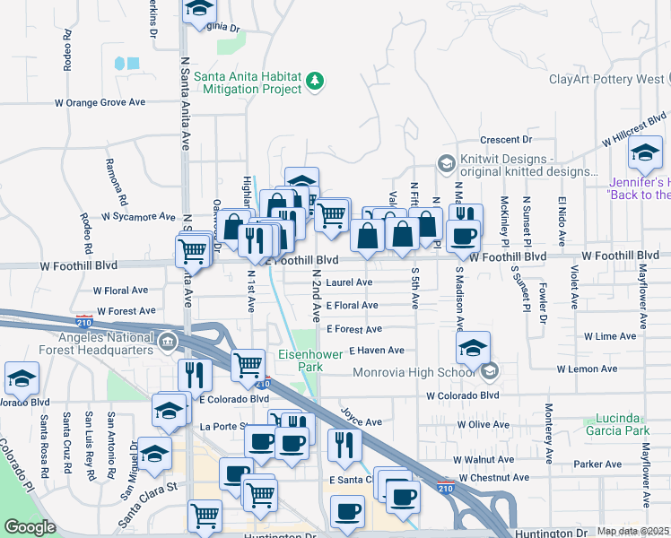 map of restaurants, bars, coffee shops, grocery stores, and more near 221 Laurel Avenue in Arcadia