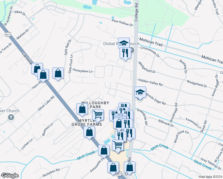 map of restaurants, bars, coffee shops, grocery stores, and more near 4616 Prior Drive in Wilmington