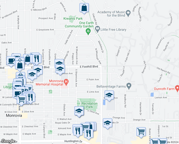 map of restaurants, bars, coffee shops, grocery stores, and more near 805 Wildrose Avenue in Monrovia