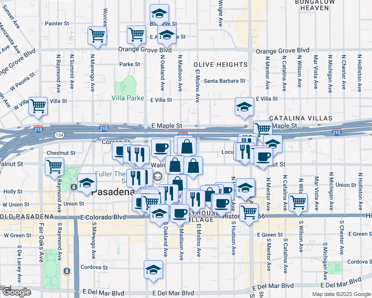 map of restaurants, bars, coffee shops, grocery stores, and more near 286 North Madison Avenue in Pasadena