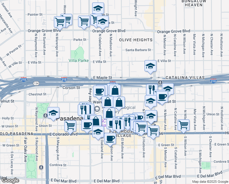 map of restaurants, bars, coffee shops, grocery stores, and more near 286 North Madison Avenue in Pasadena