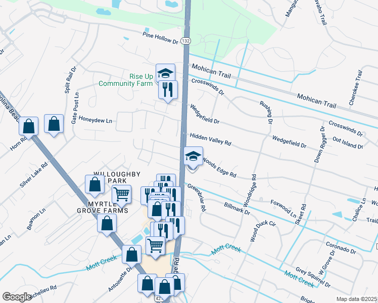 map of restaurants, bars, coffee shops, grocery stores, and more near 5002 Blue Grass Court in Wilmington