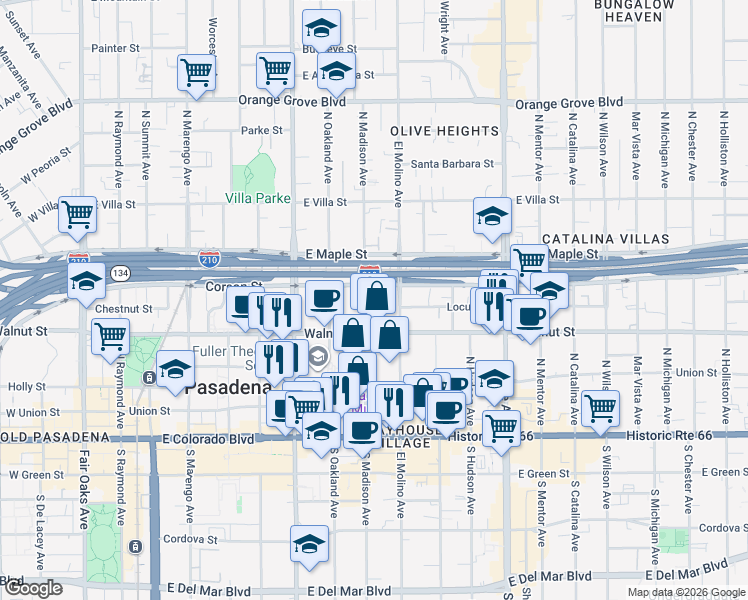map of restaurants, bars, coffee shops, grocery stores, and more near 286 North Madison Avenue in Pasadena