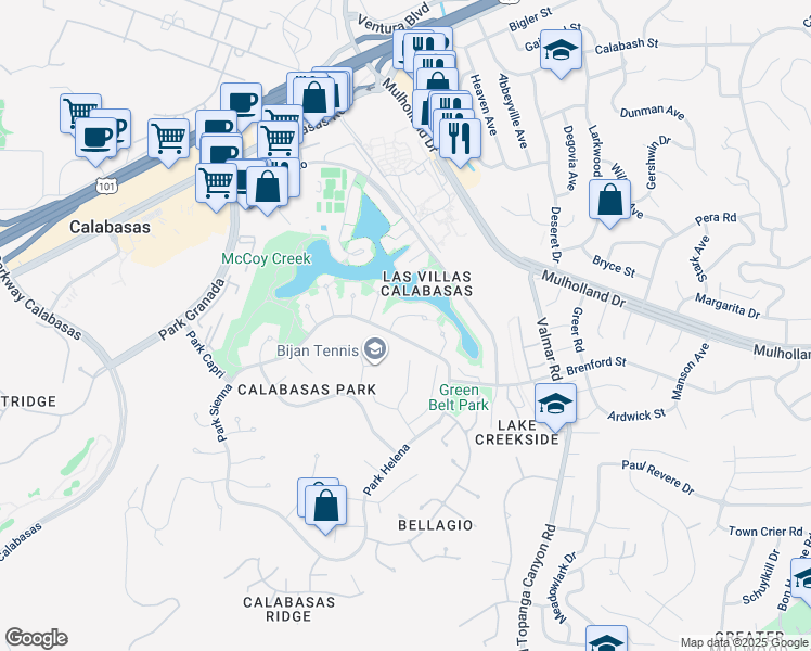 map of restaurants, bars, coffee shops, grocery stores, and more near 23136 Park Contessa in Calabasas