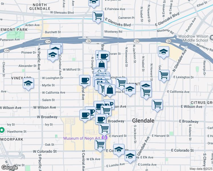 map of restaurants, bars, coffee shops, grocery stores, and more near 312 North Louise Street in Glendale