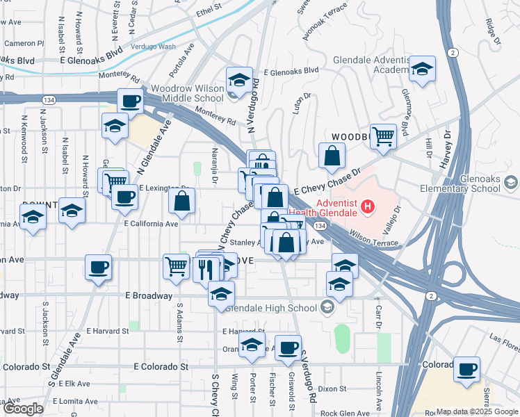 map of restaurants, bars, coffee shops, grocery stores, and more near 327 North Verdugo Road in Glendale