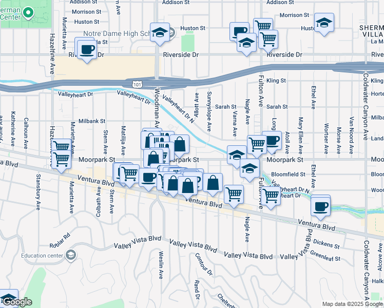 map of restaurants, bars, coffee shops, grocery stores, and more near 13543 Moorpark Street in Los Angeles