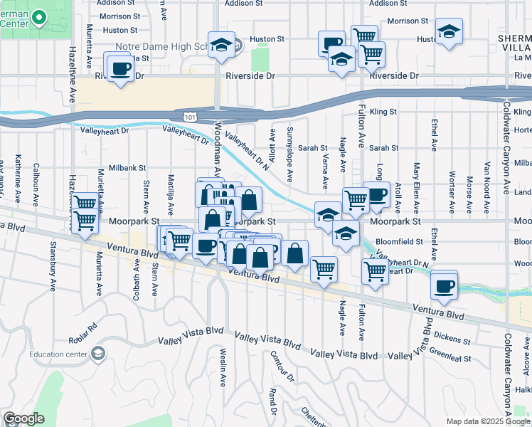 map of restaurants, bars, coffee shops, grocery stores, and more near 13543 Moorpark Street in Los Angeles