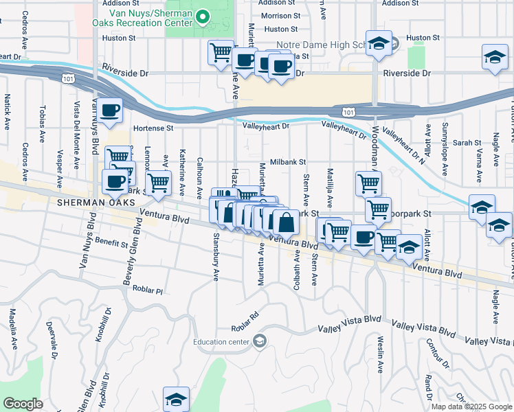 map of restaurants, bars, coffee shops, grocery stores, and more near 14025 Moorpark Street in Los Angeles
