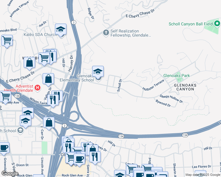 map of restaurants, bars, coffee shops, grocery stores, and more near 2110 East Glenoaks Boulevard in Glendale