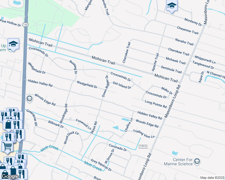 map of restaurants, bars, coffee shops, grocery stores, and more near 4907 Wedgefield Drive in Wilmington
