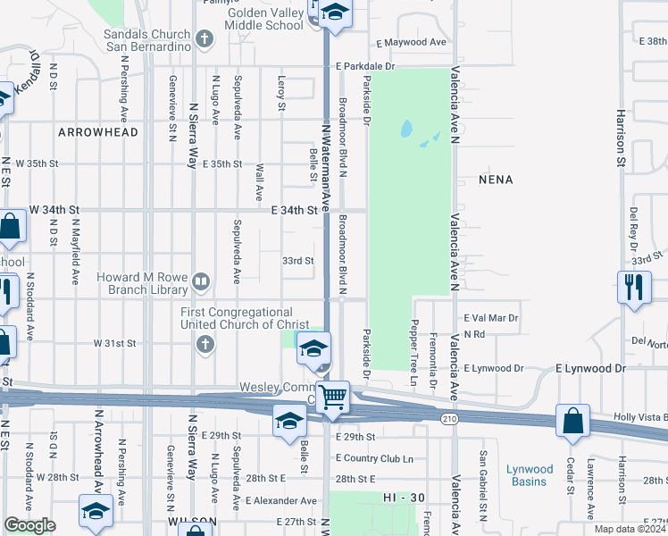 map of restaurants, bars, coffee shops, grocery stores, and more near 3272 Broadmoor Boulevard in San Bernardino