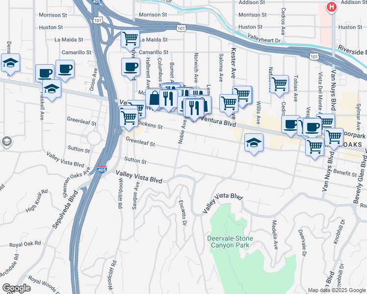 map of restaurants, bars, coffee shops, grocery stores, and more near 15053 Greenleaf Street in Los Angeles