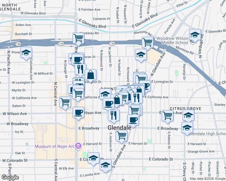 map of restaurants, bars, coffee shops, grocery stores, and more near 310 North Jackson Street in Glendale