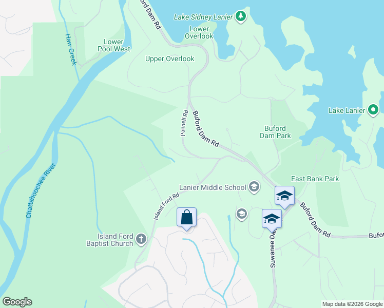 map of restaurants, bars, coffee shops, grocery stores, and more near 6755 Pannell Road in Buford