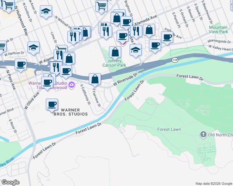 map of restaurants, bars, coffee shops, grocery stores, and more near 525 Bob Hope Drive in Burbank