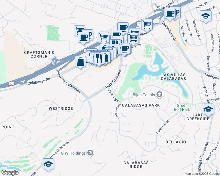 map of restaurants, bars, coffee shops, grocery stores, and more near 4606 Park Capri in Calabasas