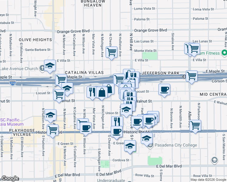 map of restaurants, bars, coffee shops, grocery stores, and more near 272 North Chester Avenue in Pasadena