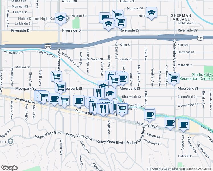 map of restaurants, bars, coffee shops, grocery stores, and more near 13329 Moorpark Street in Los Angeles
