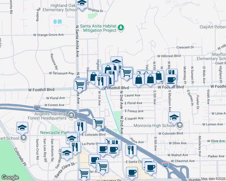 map of restaurants, bars, coffee shops, grocery stores, and more near in Arcadia