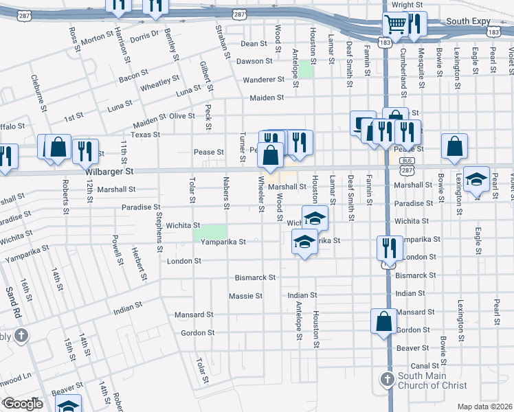 map of restaurants, bars, coffee shops, grocery stores, and more near 2527 Paradise Street in Vernon