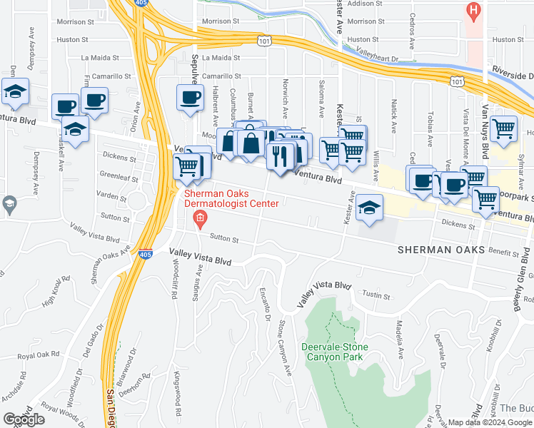 map of restaurants, bars, coffee shops, grocery stores, and more near 15053 Greenleaf Street in Los Angeles
