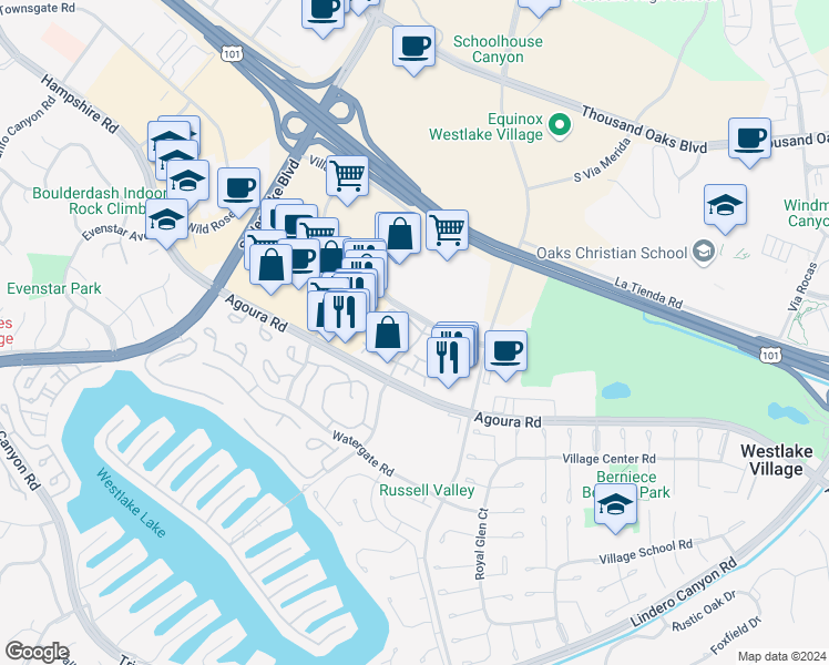 map of restaurants, bars, coffee shops, grocery stores, and more near 1125 Stoneybrook Lane in Westlake Village