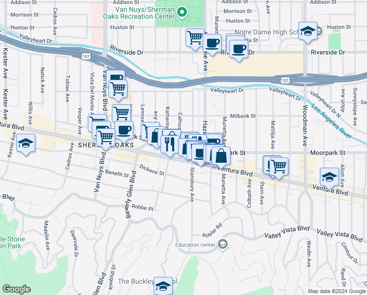 map of restaurants, bars, coffee shops, grocery stores, and more near 14153 Moorpark Street in Los Angeles