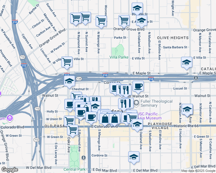 map of restaurants, bars, coffee shops, grocery stores, and more near 270 Garfield Avenue in Pasadena
