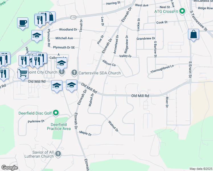 map of restaurants, bars, coffee shops, grocery stores, and more near 118 Arrowhead Drive in Cartersville