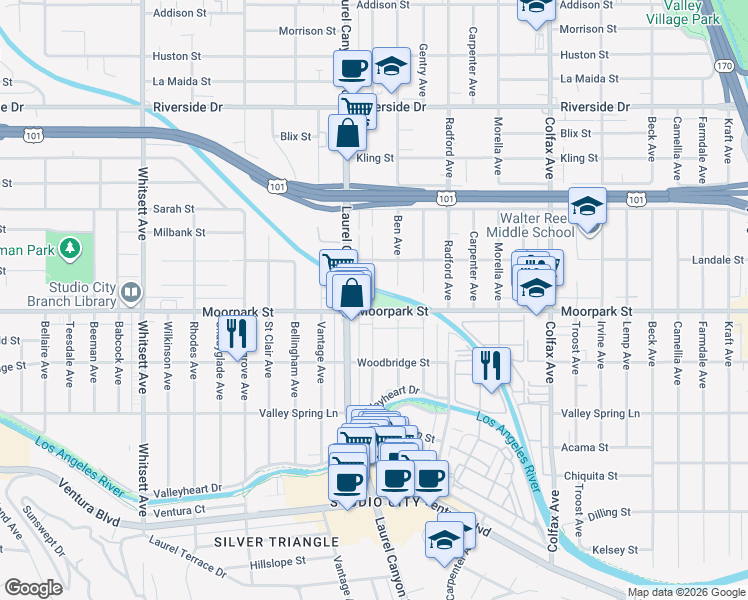 map of restaurants, bars, coffee shops, grocery stores, and more near 12061 Moorpark Street in Los Angeles