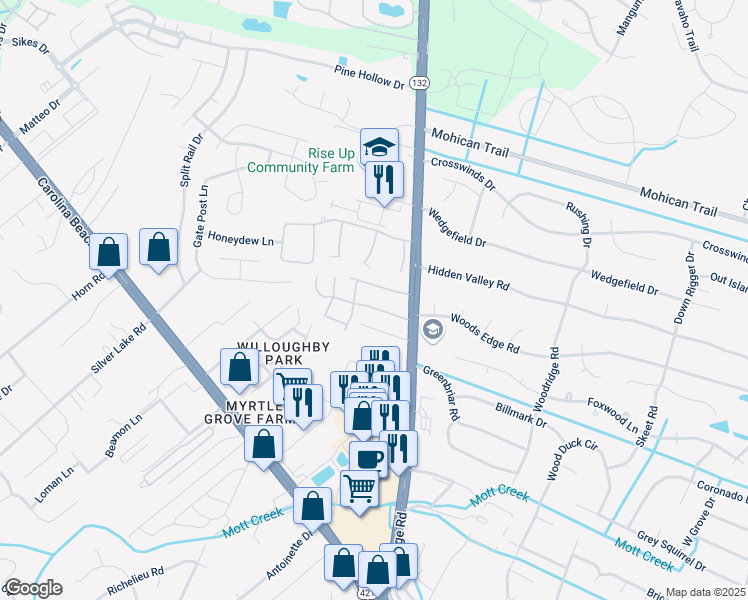 map of restaurants, bars, coffee shops, grocery stores, and more near 4501 Prior Drive in Wilmington