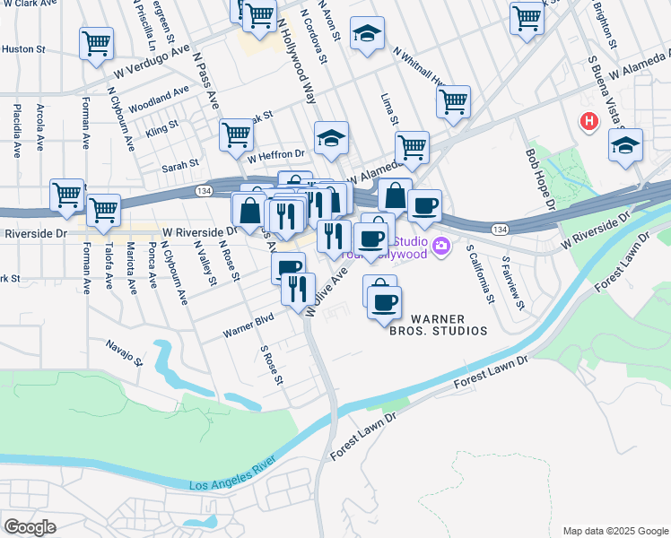 map of restaurants, bars, coffee shops, grocery stores, and more near 3817 West Olive Avenue in Burbank