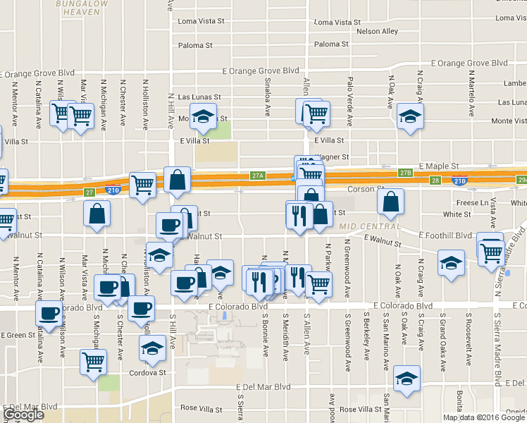 map of restaurants, bars, coffee shops, grocery stores, and more near 1673 Locust Street in Pasadena