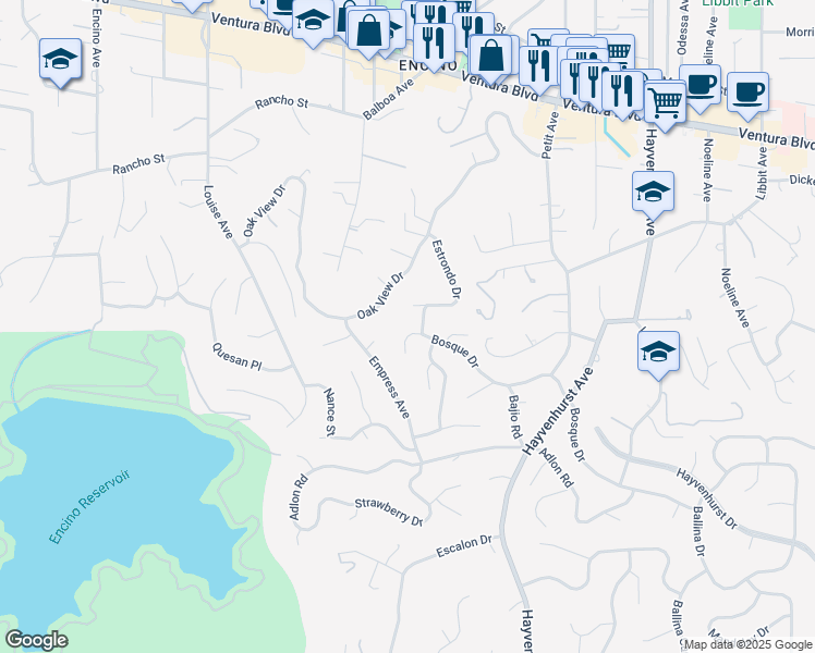 map of restaurants, bars, coffee shops, grocery stores, and more near 16933 Bosque Drive in Los Angeles