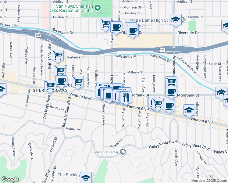 map of restaurants, bars, coffee shops, grocery stores, and more near 14049 Ventura Boulevard in Los Angeles