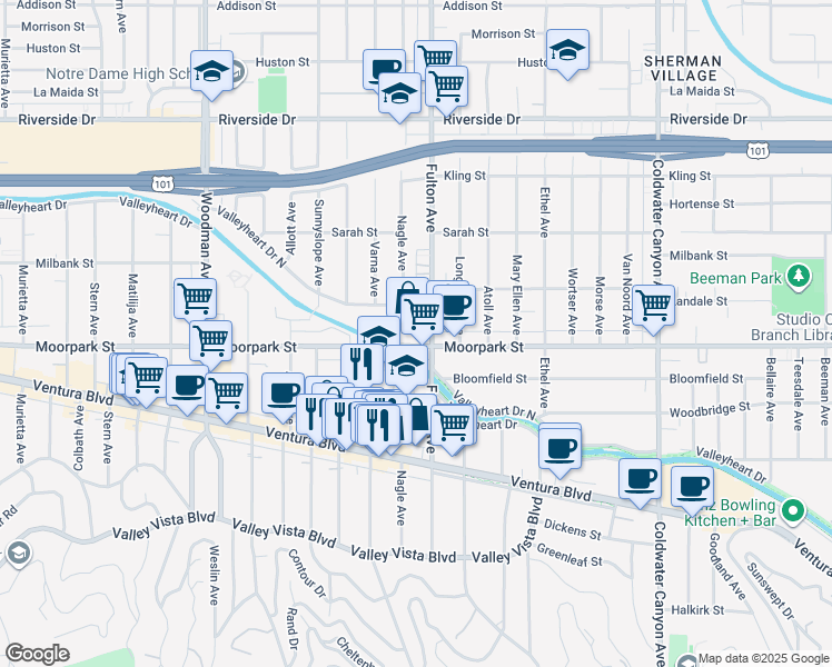 map of restaurants, bars, coffee shops, grocery stores, and more near 13329 Moorpark Street in Los Angeles