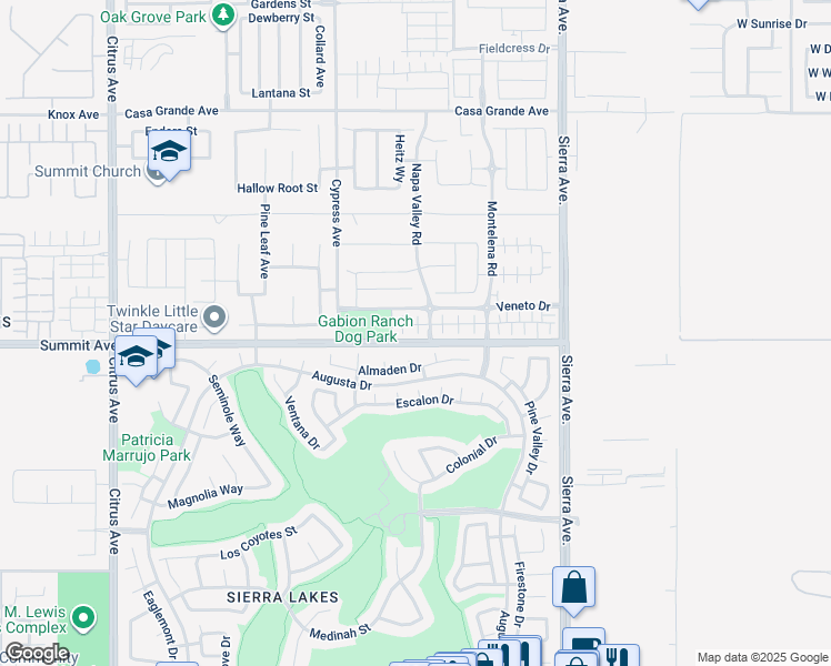 map of restaurants, bars, coffee shops, grocery stores, and more near 16571 Wyndham Lane in Fontana